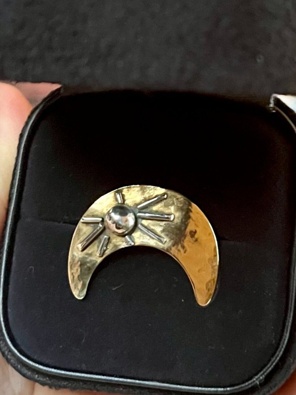 Handmade Mixed Metal Crescent Moon Sunburst Ring Size 9 Thumb Ring